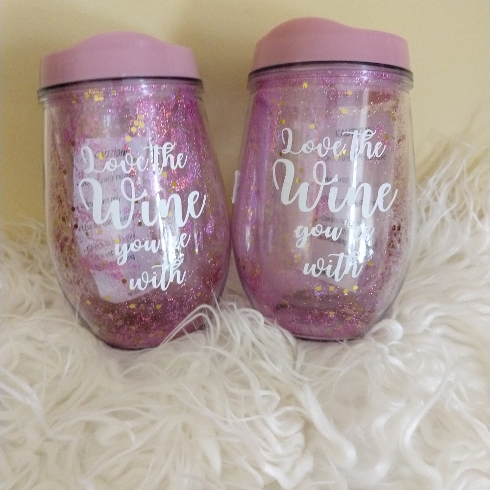 Novelty Double Walled Plastic Wine Tumbler Pair. "Love the Wine You're With"